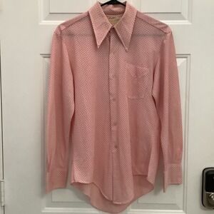 Vintage 70s Le Mans Knit Shirt Disco Point Collar Geometric Red Mens Medium